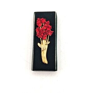 Vintage DM 97 Red Rose Flower Bouquet Enamel Gold Tone Dozen Stem Brooch Pin 3D